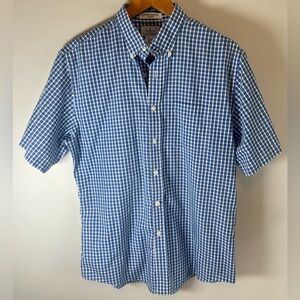 LL Bean Mens Button Up Shirt Blue White Plaid SS Size M Wrinkle Resistant EUC
